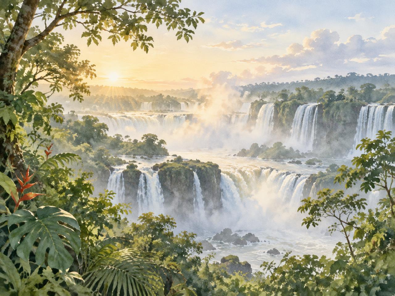 Aquarela das Cataratas do Iguaçu ao amanhecer